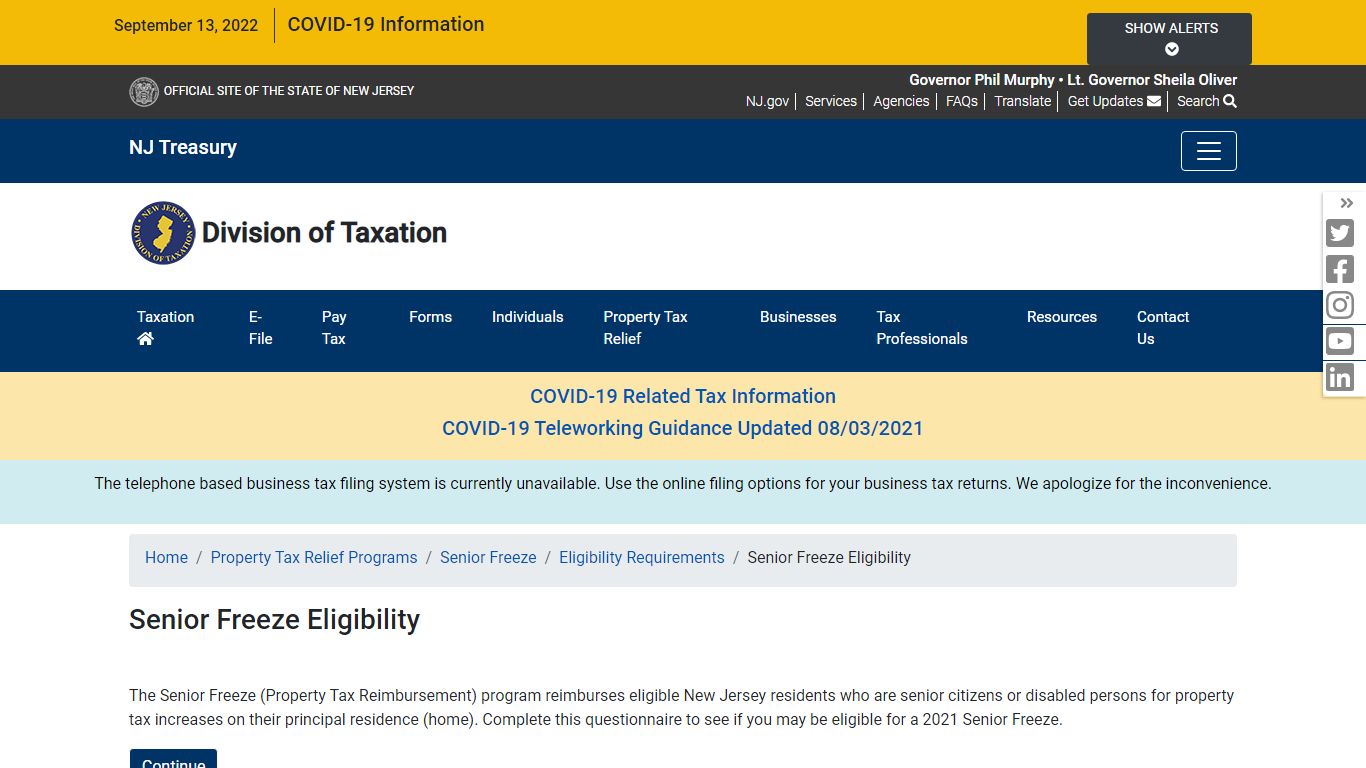 State of NJ - NJ Treasury - Taxation - Senior Freeze Eligibility